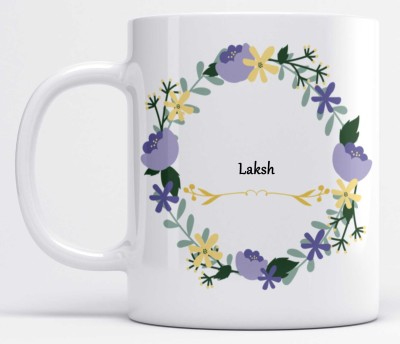 LOROFY Name Laksh Printed Blue & Green Floral Design White Ceramic Coffee Mug(350 ml)