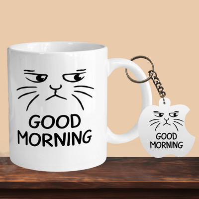 VM SHOPPING MALL Good Morning Cat R-A Ceramic Coffee Mug(330 ml, Pack of 2)