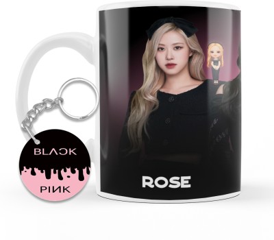 THE HATKE STORE Black pink Cup Blackpink Signature Cup With Keychain Gift for Friends Girls P14 Ceramic Coffee Mug(350 ml)