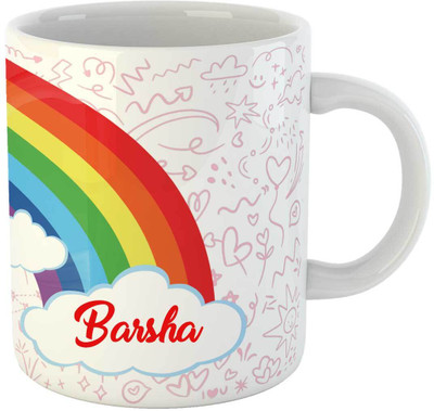 ARTBUG Rainbow & Unicorn Theme Customised Coffee Coffee Cup, Name - Barsha Ceramic Coffee Mug(350 ml)