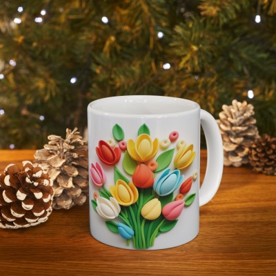 Creative Pixel Store Colorful 3D Flowers Printed Both Sides Ceramic Coffee Mug(330 ml)