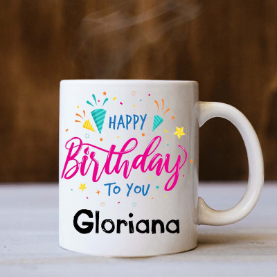 badri creations Happy Birthday Gloriana White Coffee Ceramic Coffee Mug(350 ml)
