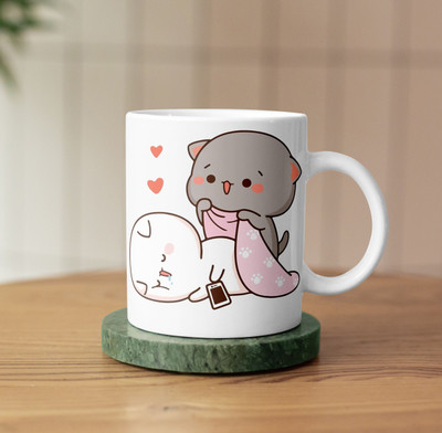DGG Goma & Peach Bear Printed Couple Coffees Ceramic Coffee (330 ml, Pack of 1) Ceramic Coffee Mug(350 ml)
