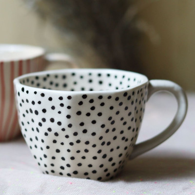 GleamSun Handmade Ceramic Set of Two Black Polka Ceramic Coffee Mug(230 ml, Pack of 2)