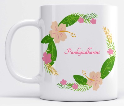 LOROFY Name Pankajadharini Printed Floral Pink & Green Leaves Design Model S100A White Ceramic Coffee Mug(350 ml)