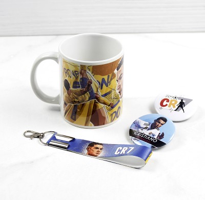 SMIZE Set of Coffee Keychain And Badge of Ronaldo CR7, Gift for Ronaldo fan Ceramic Coffee Mug(330 ml, Pack of 4)