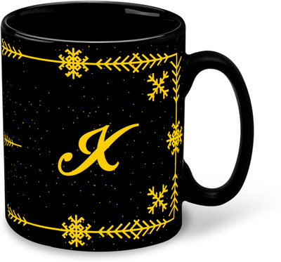 FLEXERSTYLE NEW2025-X Name Alphabet Printed Black Patch Coffee Cup & With Coaster - D24 Ceramic Coffee Mug(325 ml)