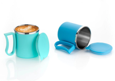 OFFYX Stainless Steel Tea Cup Stainless Steel Coffee with Lid (300 ml)(Blue,Green) Stainless Steel Coffee Mug(300 ml)