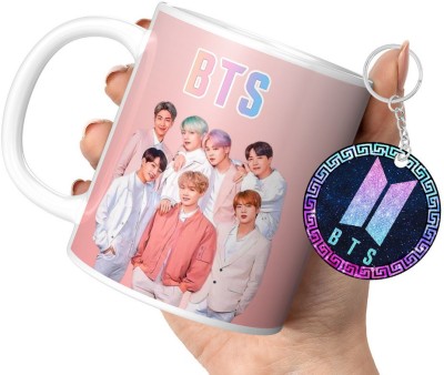 DojaBeauty By TrendoPrint Bts Cup with Keychain Bts Gift For Anyone on Any Occasion (DB-20) Ceramic Coffee Mug(350 ml, Pack of 2)