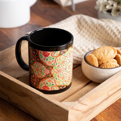 KOLOROBIA Mughal Blooms Black, Coffee, Tea, (Set of 1) Ceramic Coffee Mug(325 ml)