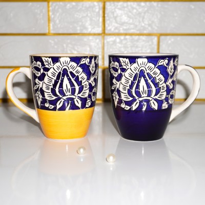 Earthen COFFEE/MILK Stone Hand Painting Blue And Yellow Best For All Gifting Ceramic Coffee Mug(350 ml, Pack of 2)