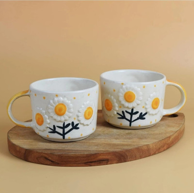 The Earthy Store Handmade Ceramic with Unique Flower Art Printed Coffees Ceramic Coffee Mug(220 ml, Pack of 2)