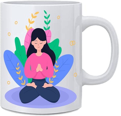 Best Good Girl Meditating Printed White Ceramic Coffee, Tea Ceramic Coffee Mug(325 ml)