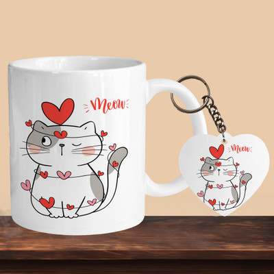 Hunter Studio 101_Cat Meow R-H Ceramic Coffee Mug(330 ml, Pack of 2)