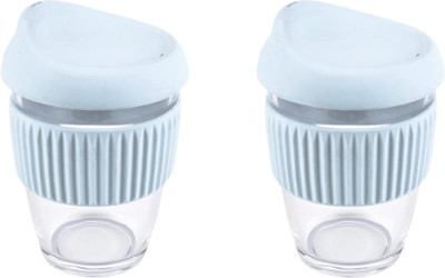 Baskety Travel with Lid, 300ML Set of 2 Blue Glass Coffee Mug(300 ml, Pack of 2)