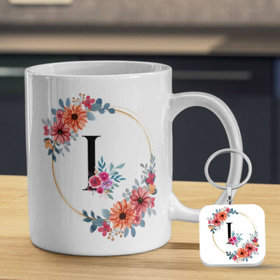 Valenza Gifts Birthday Gift, 'I' Alphabate and KeyChain , Gift For Brother, Sister, Friend Ceramic Coffee Mug(350 ml, Pack of 2)