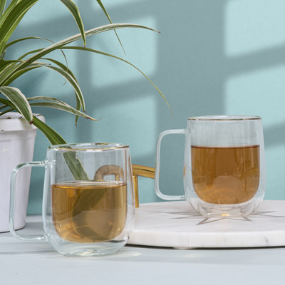 anko Double Wall Transparent Borosilicate Glass Coffee/Teas with Sturdy Handle Glass Coffee Mug(270 ml, Pack of 2)