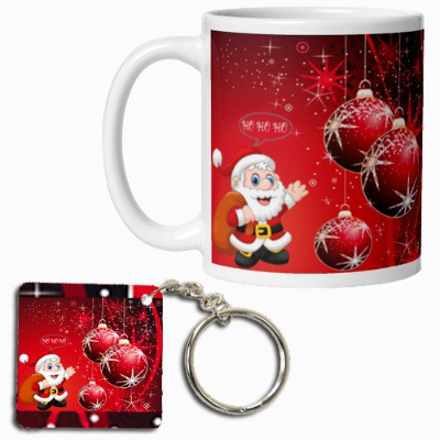 beautric red designed mug and keychain combo for christmas gift Ceramic Coffee Mug(350 ml, Pack of 2)