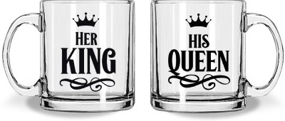 whats your kick Her King His Queen Printed Set of 2 Couple Clear Glass Coffee Cup Glass Coffee Mug(325 ml, Pack of 2)