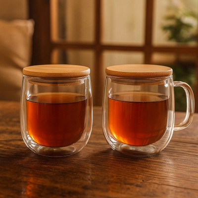 Baskety Glass Borosilicate Coffee Cup with lid, 250ml Set of 2 i20 Glass Coffee Mug(250 ml, Pack of 2)