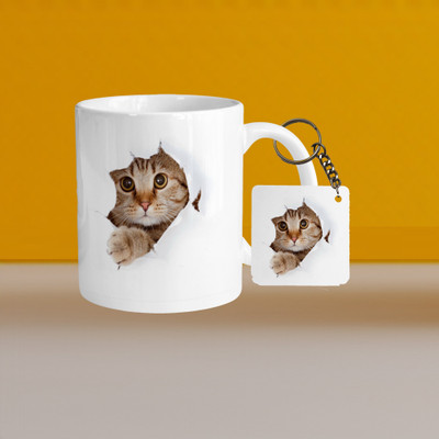 VM SHOPPING MALL Premium 330ml Ceramic White Coffee- cat hiding- With Square Keychain Ceramic Coffee Mug(330 ml, Pack of 2)