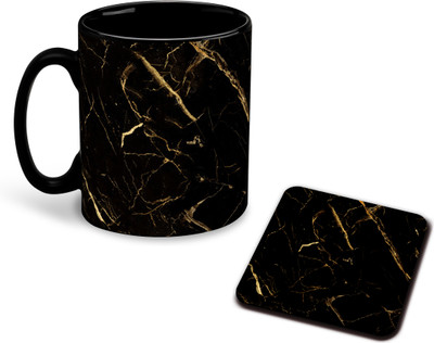 whats your kick Marble Effect Printed Black Patch Ceramic Coffee with Coaster - D2 Ceramic Coffee Mug(325 ml)