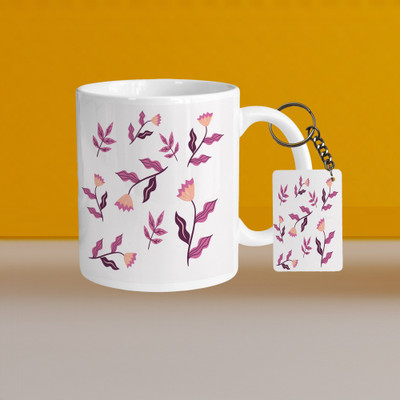 VM SHOPPING MALL Premium 330ml Ceramic White Coffee- leafs- With Rectangle Keychain Ceramic Coffee Mug(330 ml, Pack of 2)