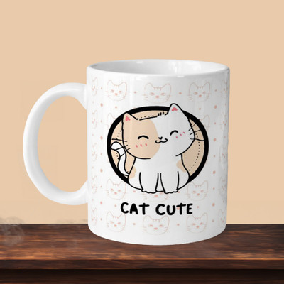 Hunter Studio 101_Cat Cute 01 L Ceramic Coffee Mug(330 ml, Pack of 2)