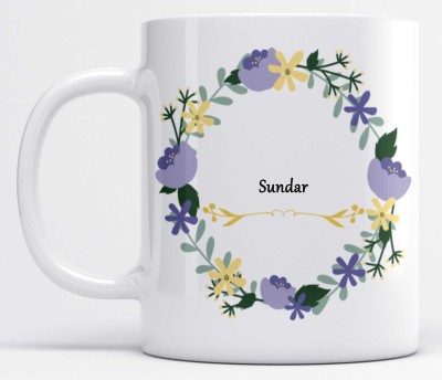 LOROFY Name Sundar Printed Blue & Green Floral Design White Ceramic Coffee Mug(350 ml)