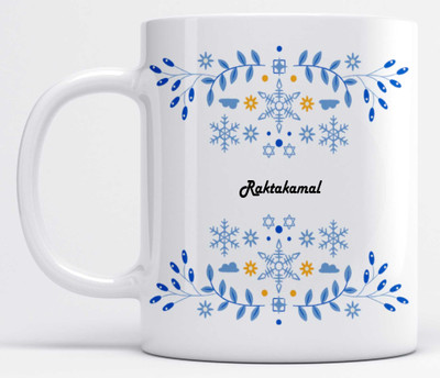 LOROFY Name Raktakamal Printed Beautiful Blue Floral Design White Ceramic Coffee Mug(350 ml)