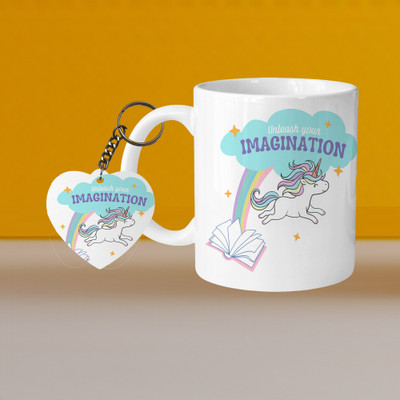 VM SHOPPING MALL Perfect for Coffee and Tea - With Keychain VM Imagination L H Ceramic Coffee Mug(330 ml, Pack of 2)
