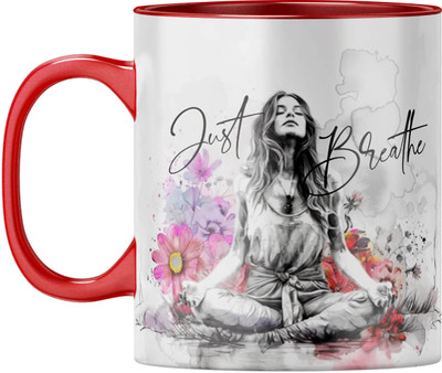 YuBingo Peaceful Reflection - Just Breathe Yoga Art, Red Inner & Handle Ceramic Coffee Mug(310 ml)