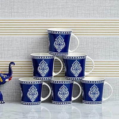 Femora Indian Ceramic Handmade Blue Block Print Tea Cup Ceramic Coffee Mug(160 ml, Pack of 6)