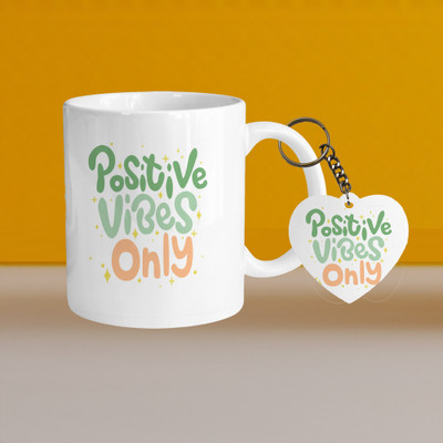 VM SHOPPING MALL Premium 330ml Ceramic White Coffee-positive vibes only-With Heart Keychain Ceramic Coffee Mug(330 ml, Pack of 2)