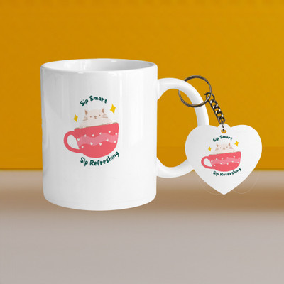 VM SHOPPING MALL 330ml Ceramic White Coffee-sip smart sip refershing-With Heart Keychain Ceramic Coffee Mug(330 ml, Pack of 2)