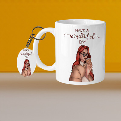 VMSHOPPINGMART 101_Perfect for Coffee and Tea - With Keychain VM Have A Wonderful Day L O Ceramic Coffee Mug(331 ml, Pack of 2)