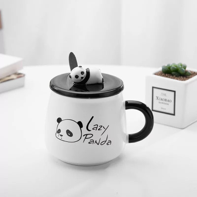 RUTVIHK Lazy Panda Printed Ceramic Coffee Tea Cup Lid and Stainless Steel Spoon Panda Ceramic Coffee Mug(450 ml)