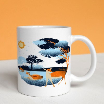 thinkmug Hand-Drawn Deer Illustration Ceramic White Coffee Gift Set Ceramic Coffee Mug(350 ml)