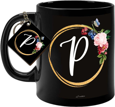 FirseBUY P Letters Coffee Cup and Keychain - Initial A-Z Alphabet Monogrammed Black Cup Ceramic Coffee Mug(325 ml)