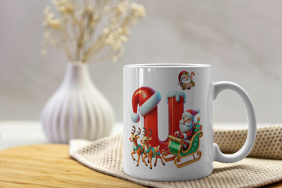 V Kraft Christmas theme Alphabet coffee mug, Gift for Anyone On Xmas & New Year | U | Ceramic Coffee Mug(330 ml)