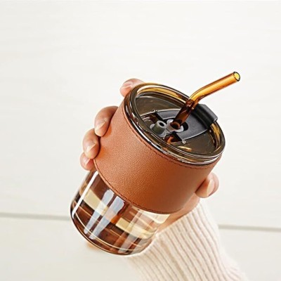 AANZIA Coffee Cup Sipper Glass juice glass with Straw 400ml pck 1 Glass Coffee Glass Coffee Mug(400 ml)