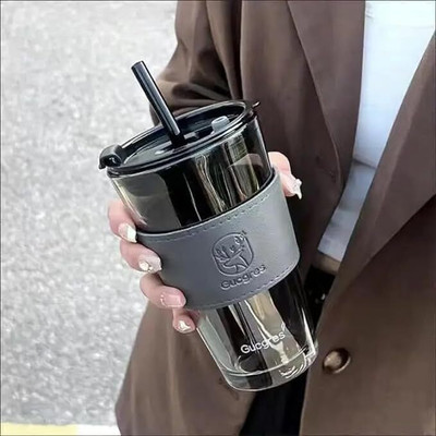 MAHIRAINTERIOR Glass Tumbler with Lid and Straw Multipurpose Travel Sipper Leather Sleeve Glass Coffee Mug(450 ml)