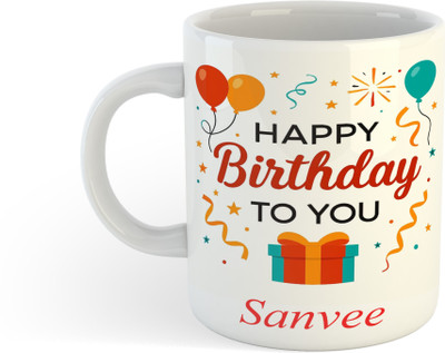 UNIARAWALAS Happy Birthday Sanvee Name Printed Ceramic Coffee(330ml) Ceramic Coffee Mug(330 ml)