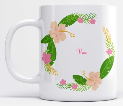 LOROFY Name Van Printed Floral Pink & Green Leaves Design Model S100A White Ceramic Coffee Mug(350 ml)