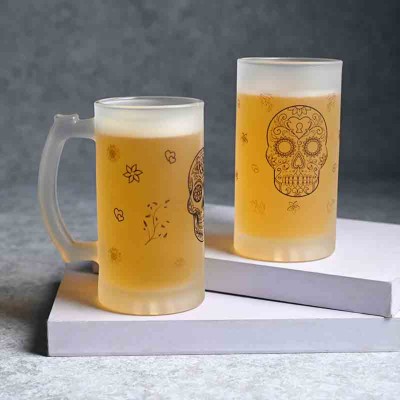 Floweraura Set of 2 Printed Frosted Skull Designer Glass Beer Mug(350 ml, Pack of 2)