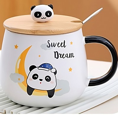 BONZEAL Printed Sweet Dream Panda Cup With Lid And Spoon Ceramic Coffee Mug(430 ml)