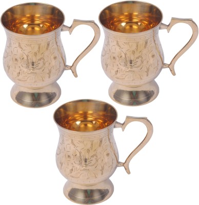 Shivshakti Arts Set Of 3 Handmade Pure Embossed With Leaf Design With Handle Brass Coffee Mug(415 ml, Pack of 3)