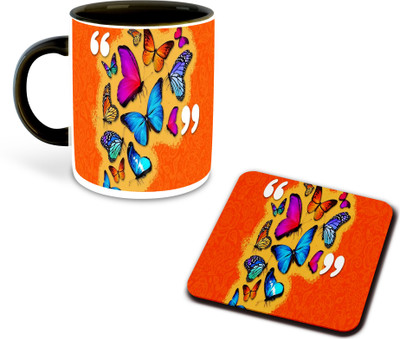 whats your kick new-wyk_Butterfly Lover Printed Black Coffee With Coaster-D14 Ceramic Coffee Mug(325 ml)