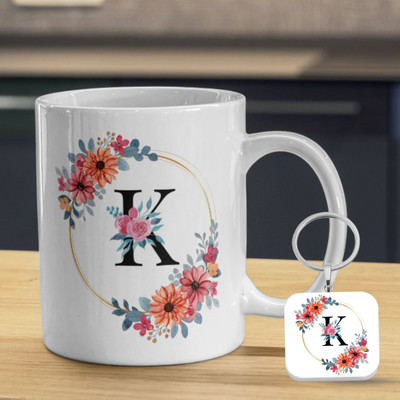 Valenza Gifts Birthday Gift, 'K' Alphabate and KeyChain , Gift For Brother, Sister, Friend Ceramic Coffee Mug(350 ml, Pack of 2)