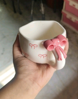 The Earthy Store Ceramic Pink Bow Printed Coffee Bow Hundle Print Ceramic Coffee Mug(150 ml)
